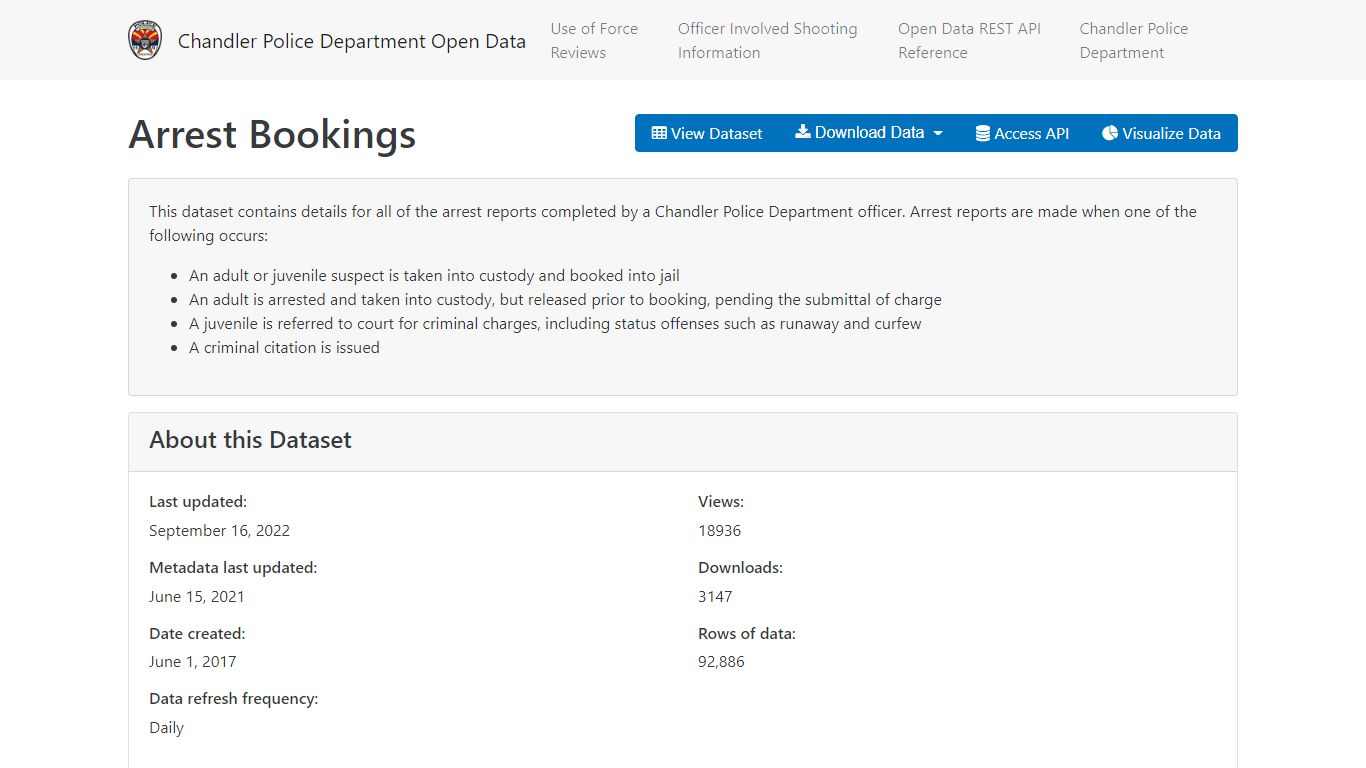 Arrest Bookings – Chandler Police Department Open Data